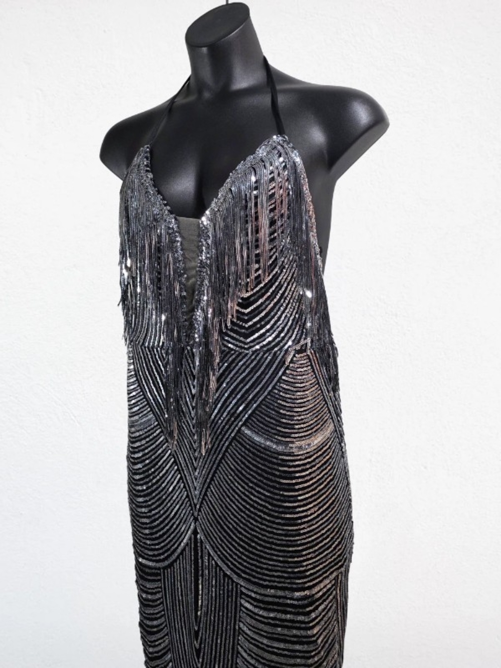 Black Sequin Fringe Halter Dress
